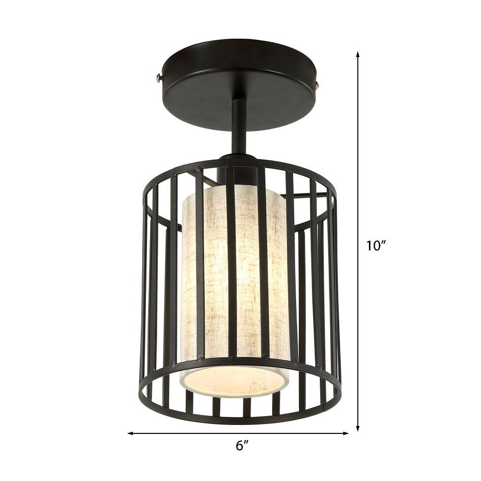 Conical/Cylindrical Shade Ceiling Flush Mount with Metal Cage Simple 1 Bulb Semi-Flushmount Lamp in Black Finish