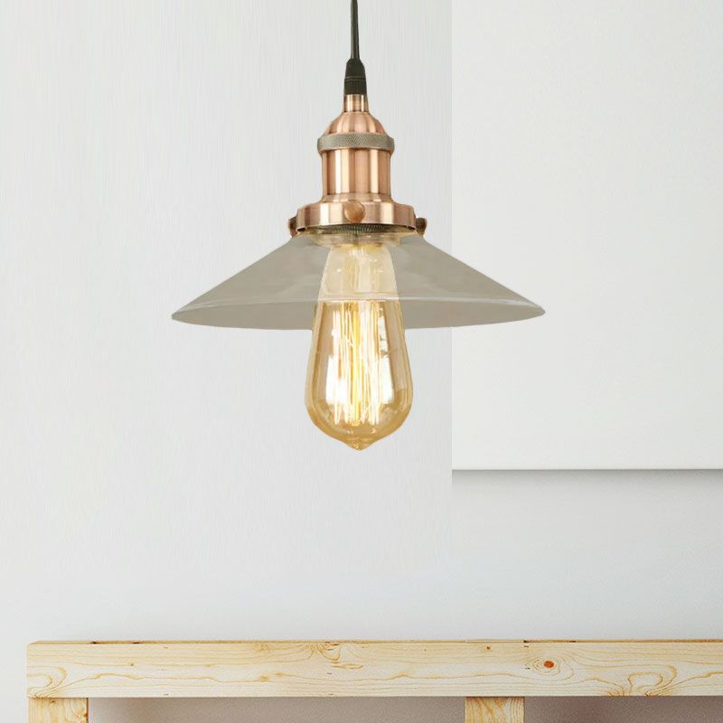 1 Light Clear Glass Pendant Lamp Industrial Black/Rust/Copper Cone Living Room Hanging Light Fixture