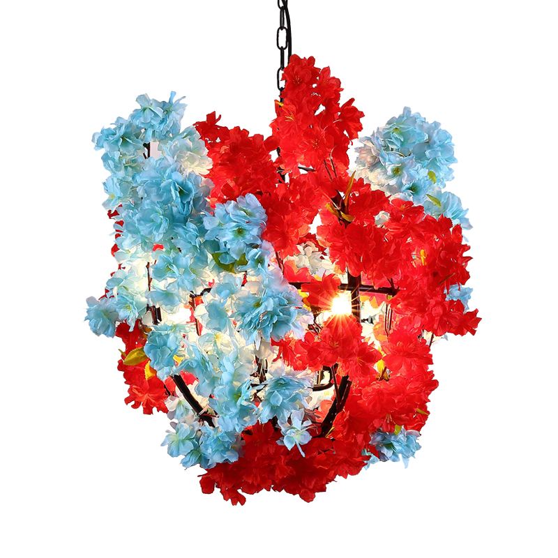 3 Bulbs Floral Spherical Chandelier Lighting Fixture Industrial Red and Blue Metallic Suspension Lamp