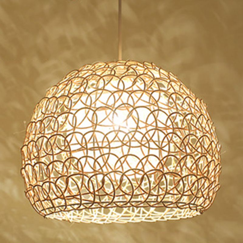 Double Rattan Shade Dome Hanging Light Asian Style Hand Weaving 1-Light Pendant with 39.3" Adjustable Wire