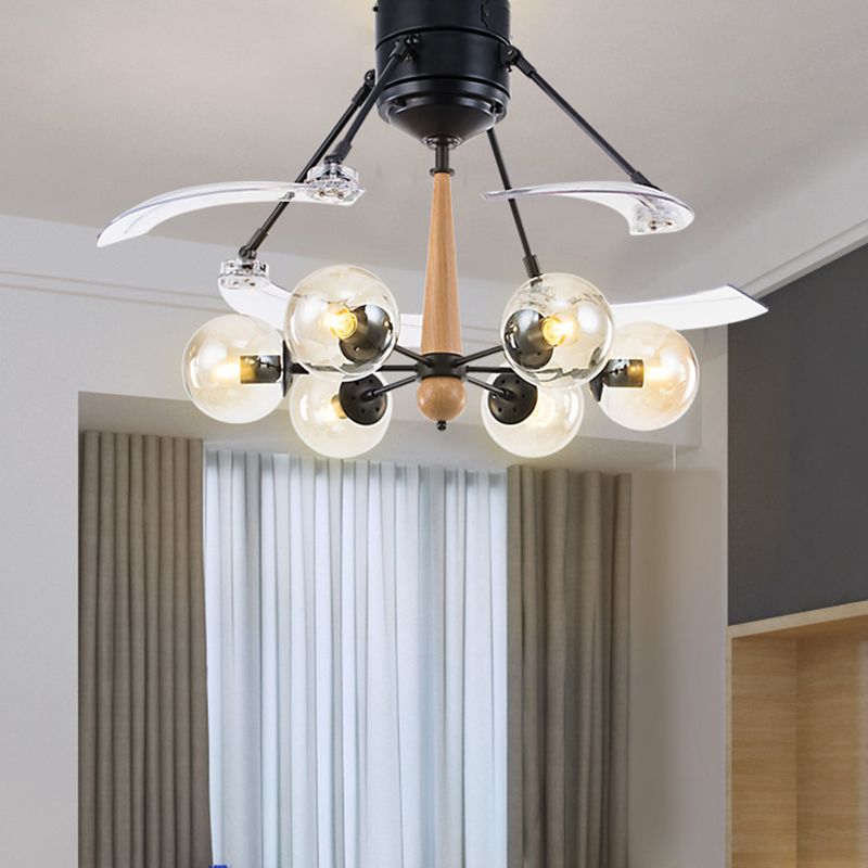 Industrial Orb Hanging Ceiling Fan Lamp 48" W 6 Heads Clear Glass Semi Flushmount in Black with Radial Design, 4 Clear Blades