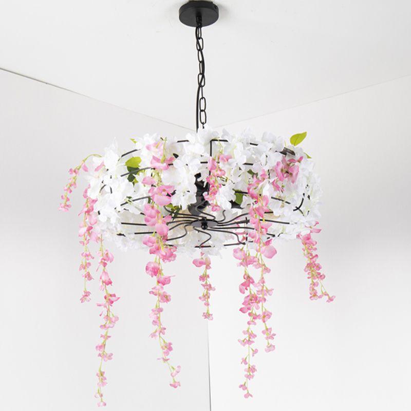 Iron Round Cage Chandelier Light Vintage 3/5-Light Restaurant Suspension Lamp in Black with Cherry Blossom