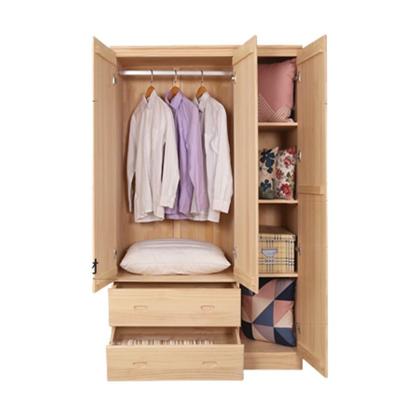 Light Brown Wooden Kid's Wardrobe 2-Drawer Glossy Kids Closet