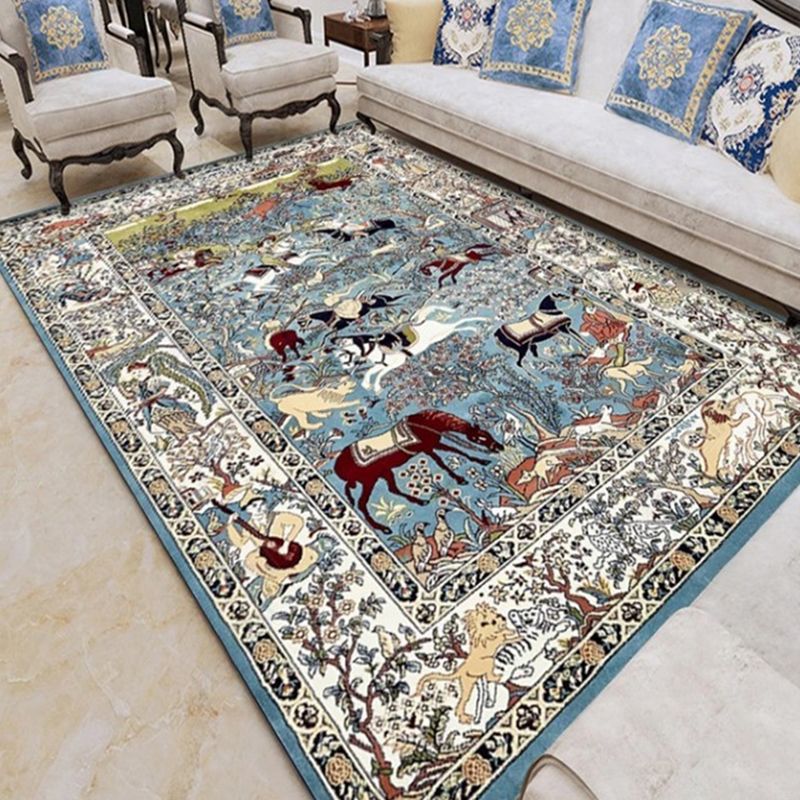 Blue Tribal Print Area Carpet Polyester Traditional Area Rug Non-Slip Backing Rug for Home Decor