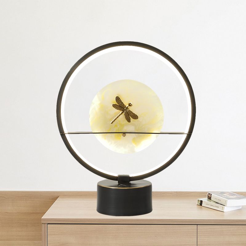 Black Round Desk Lamp Minimalism LED Metal Night Light with Dragonfly Detail Inside