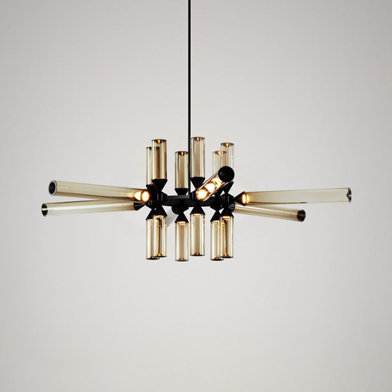 Cylinder Hanging Chandelier Contemporary Metal 9/12/18 Lights Black Pendant Lamp with White/Chrome/Amber Glass Shade