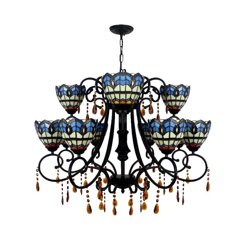 Bowl-Shaped Hanging Light Rustic Stained Glass 11 Lights Chandelier with Crystal in Blue for Dining Room