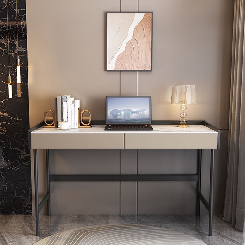 Contemporary Stone Writing Desk Rectangular Home Office Desk with 2 Drawers