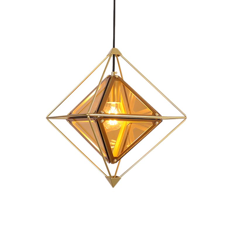 Black / Gold / Amber Verre 1-Light Drop pendentif Colonial Diamond Shape Plafond Lightture avec cadre de fer extérieur