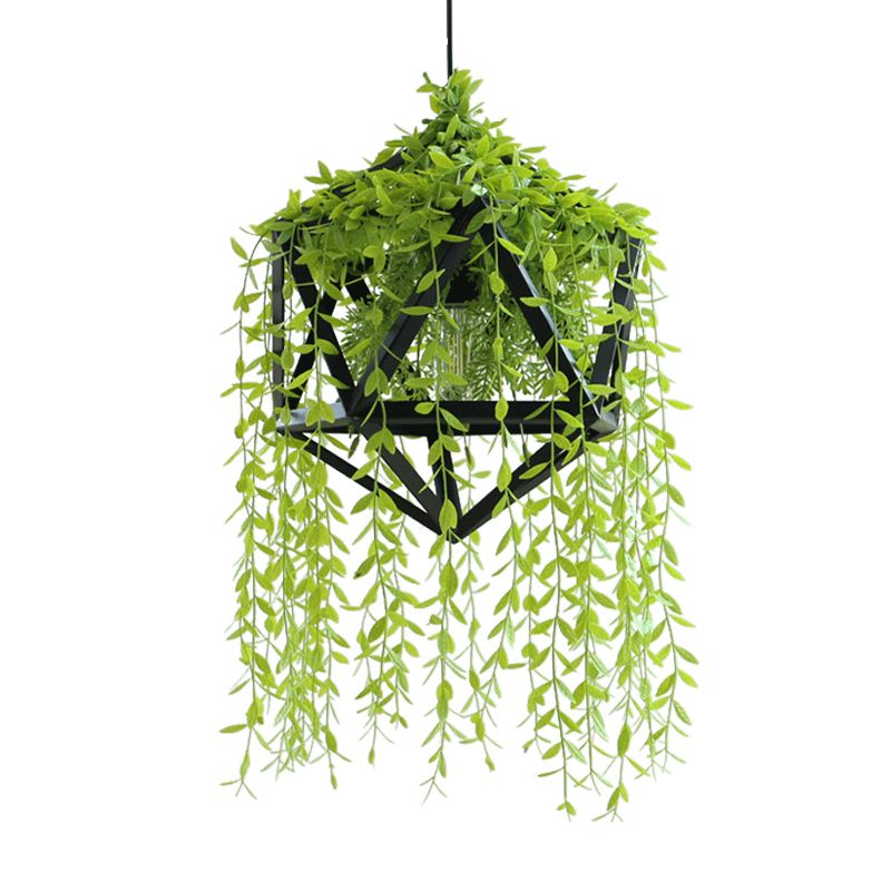 Black Faceted Pendant Lighting Industrial Metal 1 Head Dining Room Ceiling Hang Fixture with Fake Vine Deco