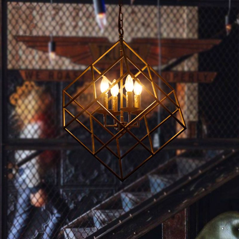 Metal Wire Square Chandelier Light Industrial 4 Lights Black Hanging Ceiling Light for Restaurant