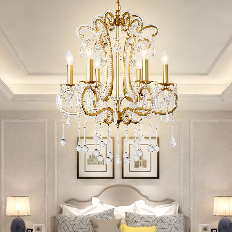 Gold Finish Candle Ceiling Pendant Light Vintage Style Crystal and Metal 6 Lights Suspension Light for Bedroom