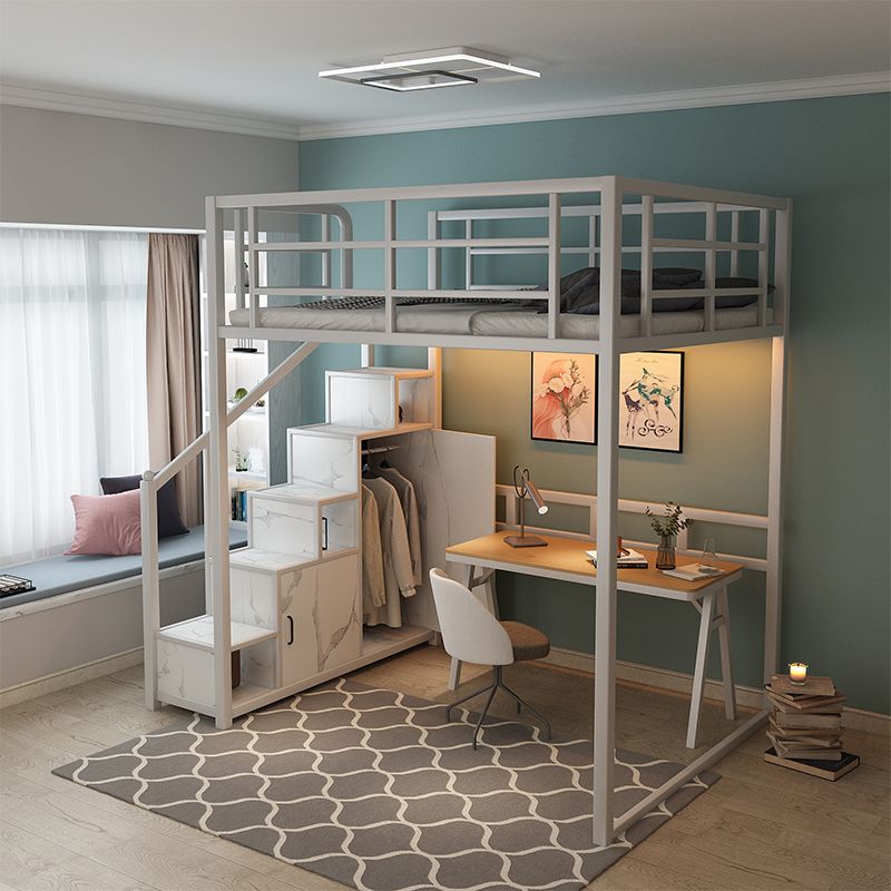 Industrial Metal Loft Bed with Storage Staircase Loft Bed in Black/White