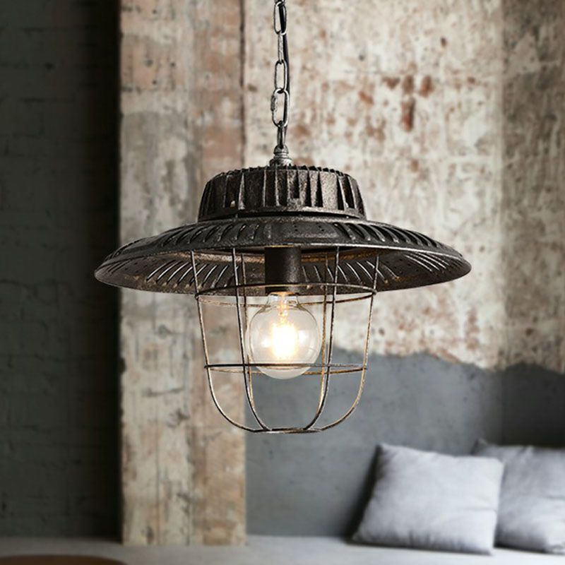 Vintage Pot Cover Ceiling Light Single Iron Hanging Pendant Light in Antique Black