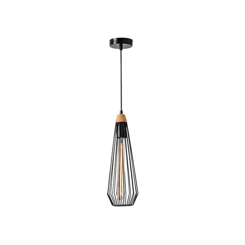 1-licht geometrische kooi hangende hanglamp Modern zwart/wit smeedijzeren verlichtingsarmatuur met houten dop voor slaapkamer