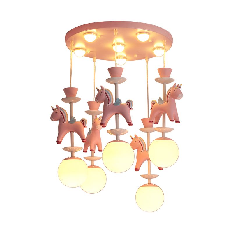 Merry-Go-Round Multi Ceiling Lamp Kids Metallic Nursery Suspension Light Fixture with Unicorn Decor