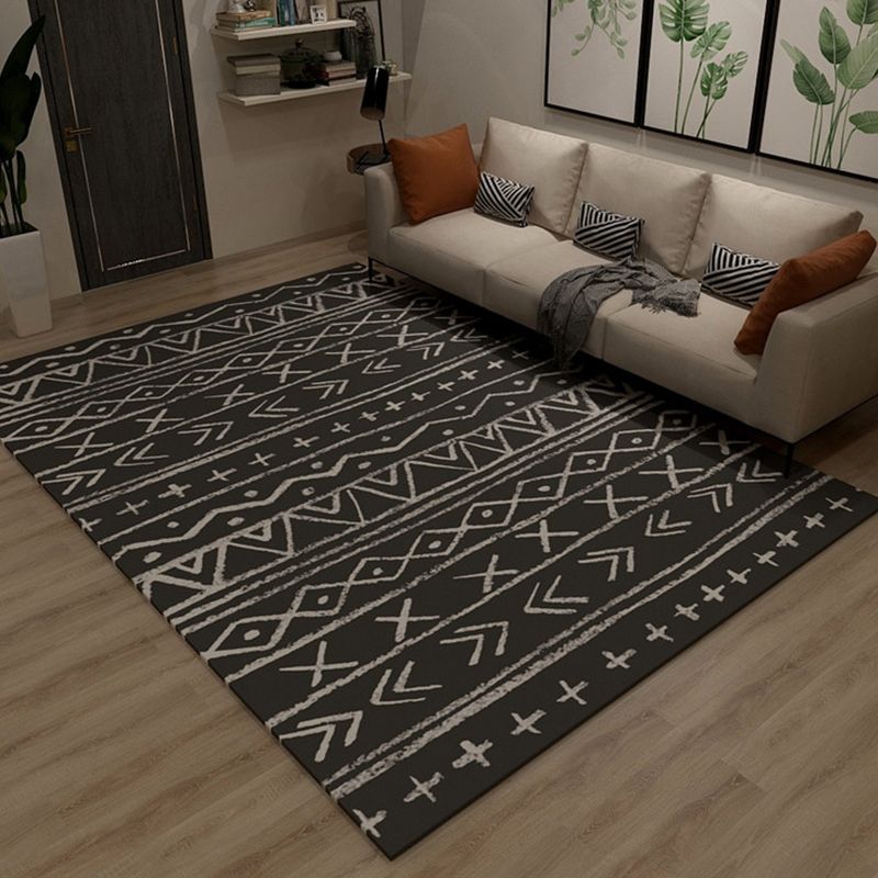 Solid Color Ethnic Print Rug Polyester Bohemian Carpet Non-Slip Backing Indoor Rug for Home Decora