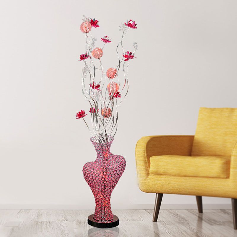 Metal Red Floret Standing Lamp Cutout Heart-Like LED Decorative Floor Light with Crystal Encrusted Detail