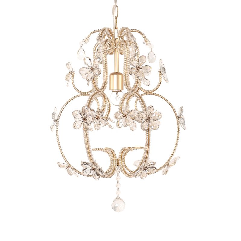 Gourd Cage Chandelier Lighting with Crystal Bead Vintage 1 Light Ceiling Pendant Light in Gold