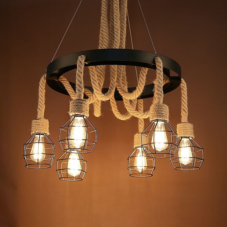 4/6 Bulbes Dome Cage Light Retro Style Brown Brow and Metal Chandelier Pendant Light for Halway