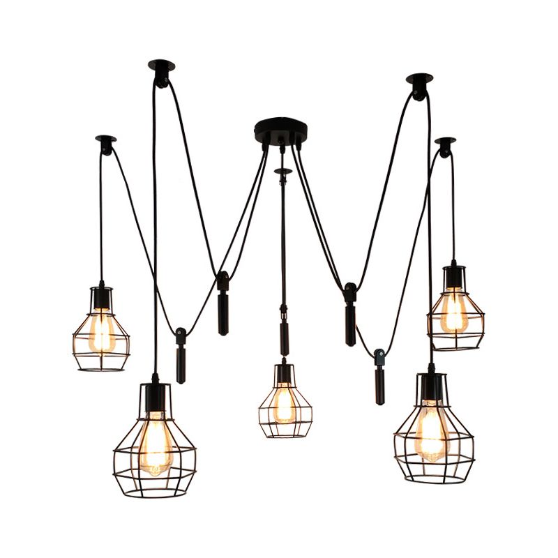 Ball-vorm Restaurant Multi plafondlicht Rustiek Iron 5-Light Black Pulley Swag Pendant