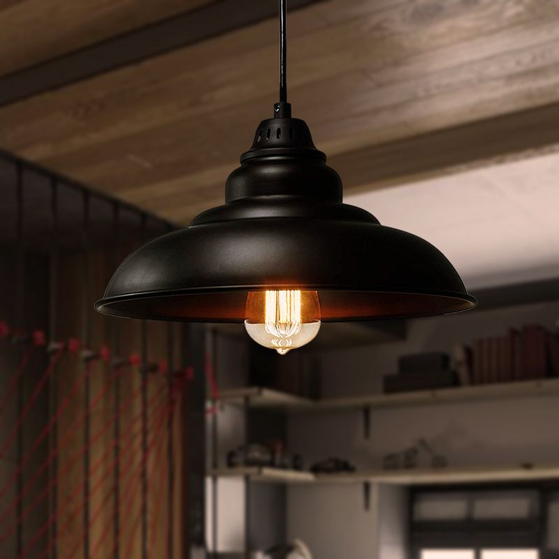 Bowl Dining Room Suspension Lamp Metal 1 Light Industrial Style Hanging Pendant Light in Black