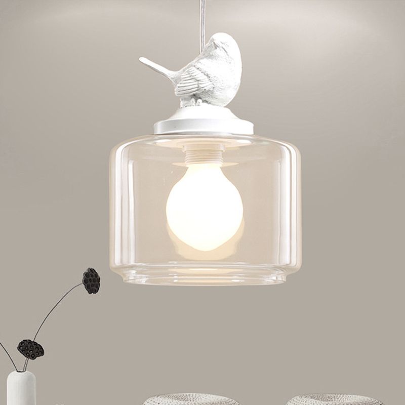 Drum Pendant Light Fixture Contemporary Clear Glass 1 Head Restaurant Hanging Lamp with Bird Decoration