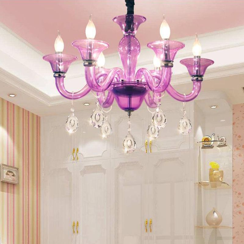 Modern Candlestick Hanging Chandelier Clear Crystal Glass 6 Bulbs Restaurant Pendant Ceiling Light in Purple