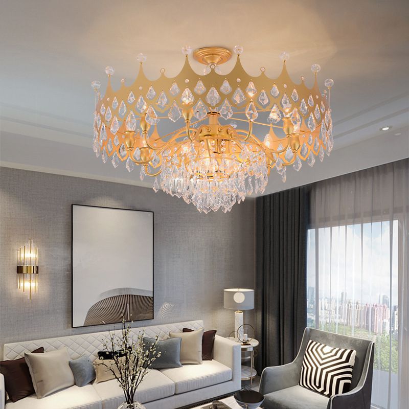 Postmodern Crown Shaped Chandelier Pendant Crystal Dining Room Hanging Light in Gold