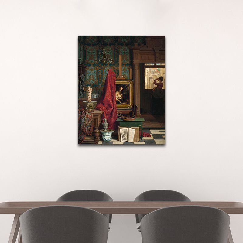 Figure Reading Portrait Painting Traditional Textured Canvas Wall Art in Dark Color