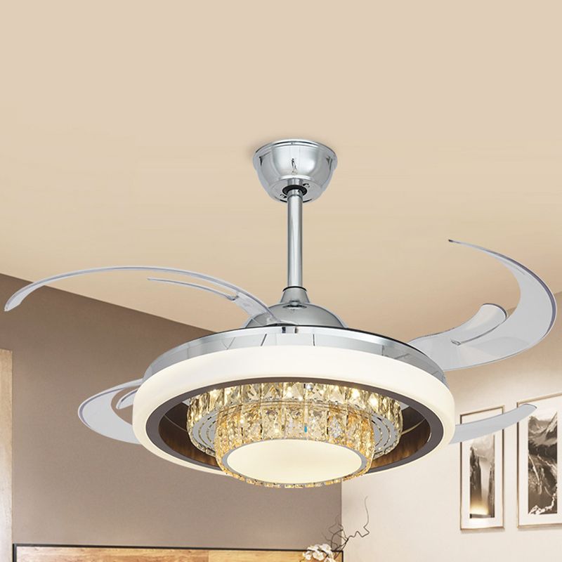 47" Wide 4 Blades Chrome LED Fan Lamp Contemporary Crystal 2-Tier Semi Flush Mount Ceiling Fixture