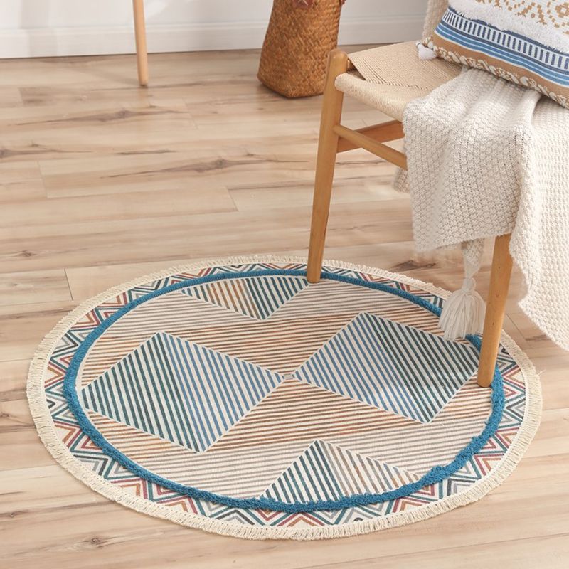 Multicolored Symmetry Pattern Rug Gorgeous Comfort Cotton Blend Rug Friendly Washable Carpet with Fringe for Home Decor