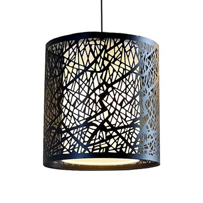 Etched Drum Metal Hanging Lamp Industrial 1 Light Dining Room Pendant Light in Black with Inner White Shade