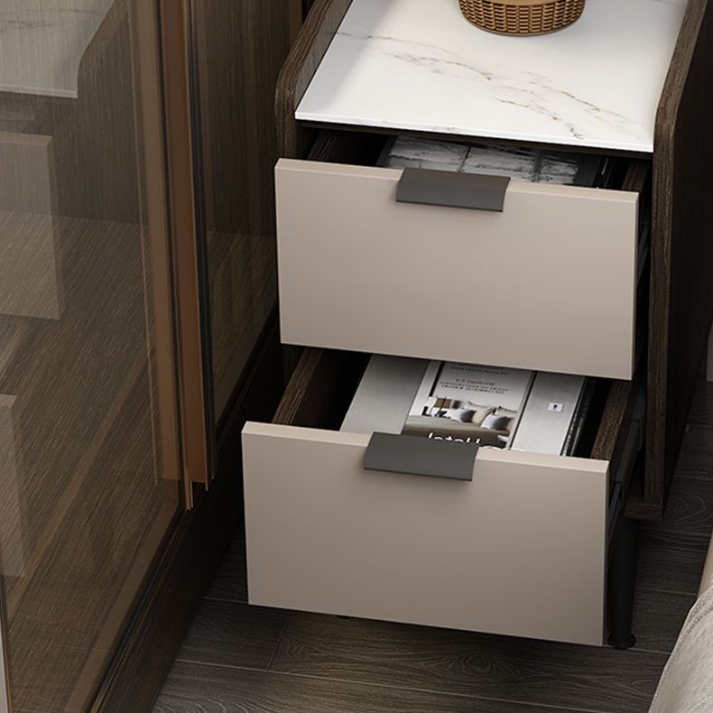 Espresso Wood and Off-White Night Table  Modern Stone and Pearl Wood Bedside Cabinet