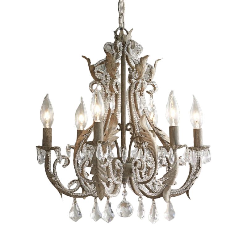 Chandelier de bougie country français 6 lumières Crystal enveloppé de lumière suspendue dans un gris antiquité