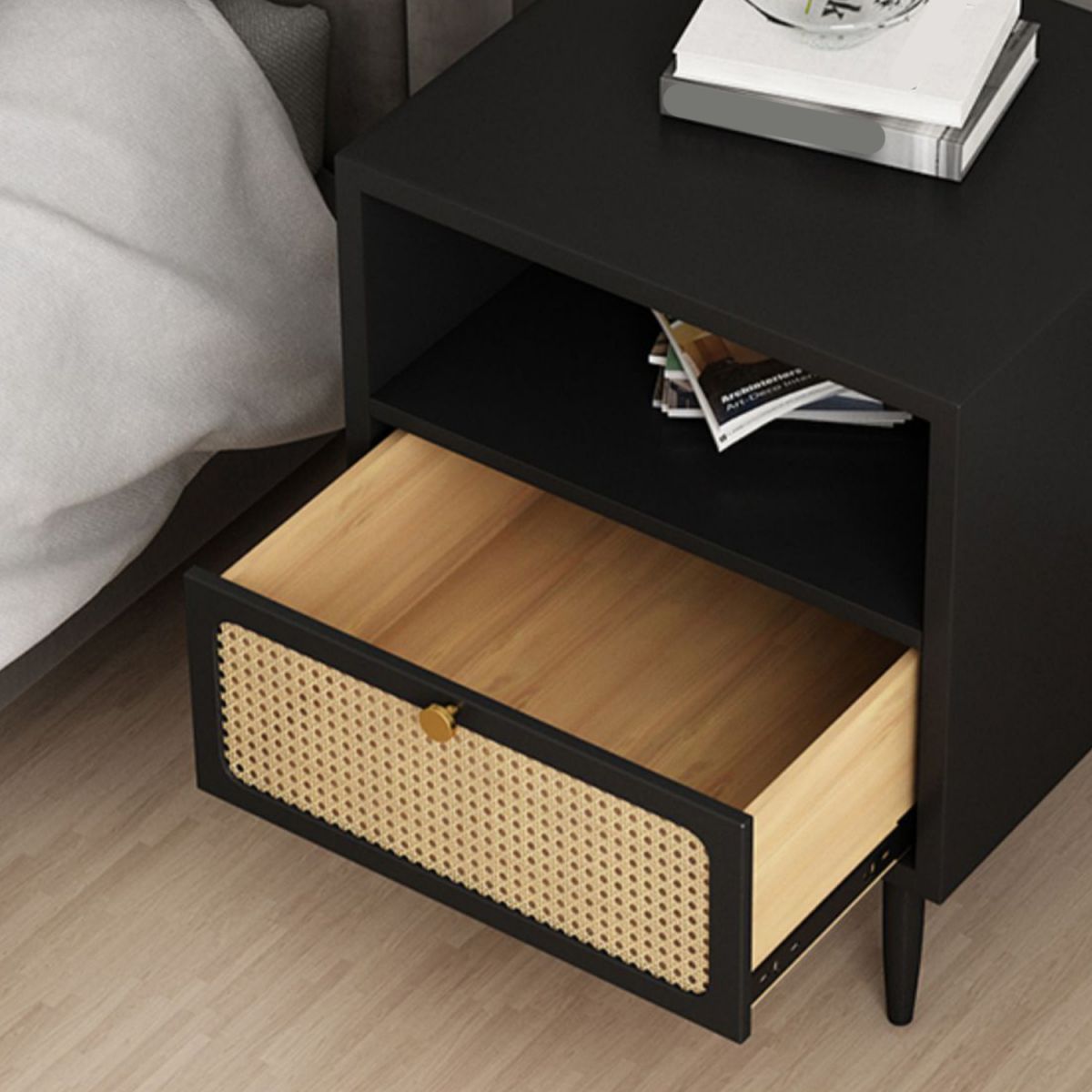 Wicker & Rattan Modern Night Table Solid Wood 2-Drawer Storage Nightstand in Black/White