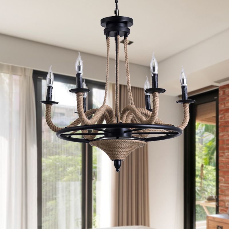 6 lampadario lampadario a sospensione Light Vintage Wagon Wheel Metal Hanging Lampade con dettaglio in corda in nero