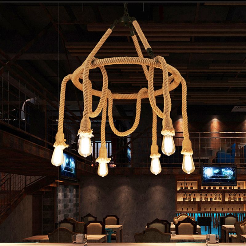 Industrial Style Hemp Rope Chandelier Multi-lights Vintage Open-bulb Design Lighting Fixture