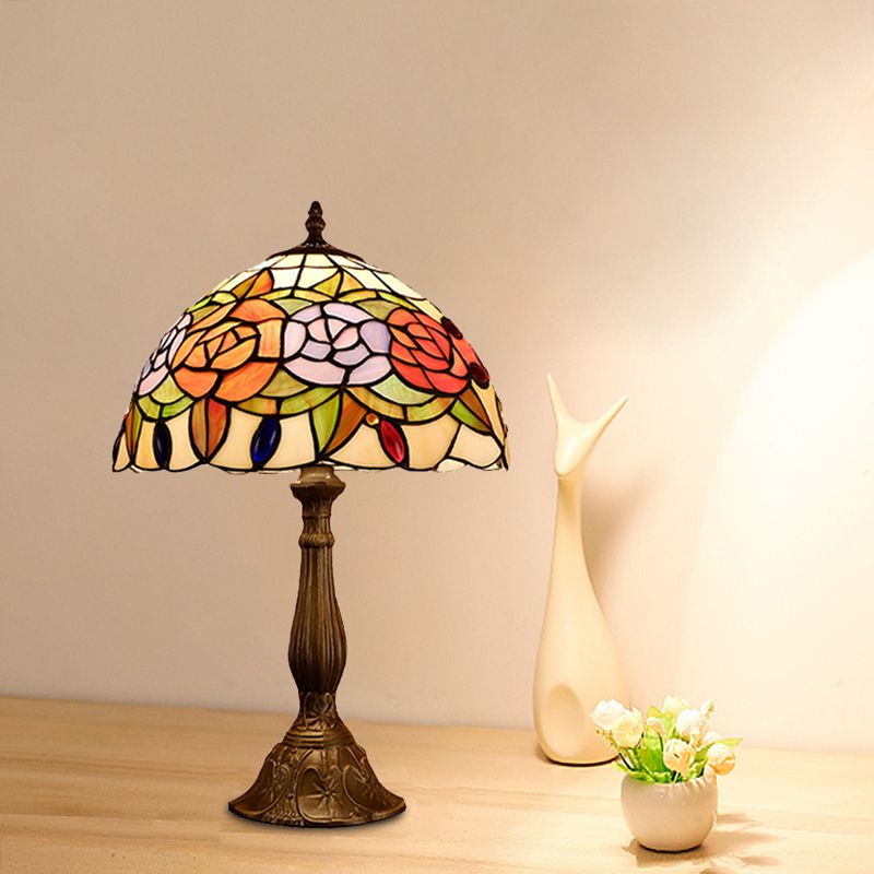 Domed Nightstand Light 1-Bulb Stained Art Glass Baroque Blossom Patterned Night Lighting in Red/Beige/Green