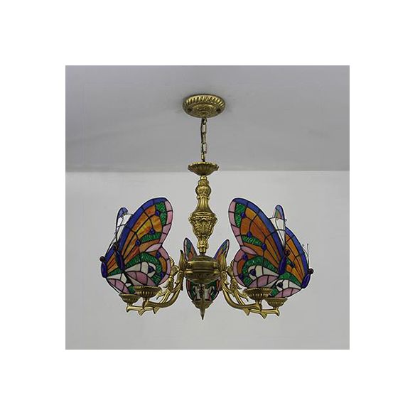3 Lights Butterfly Hanging Light Loft Style Stained Glass Ceiling Chandelier with Chain in White/Red/Blue/Orange-Green