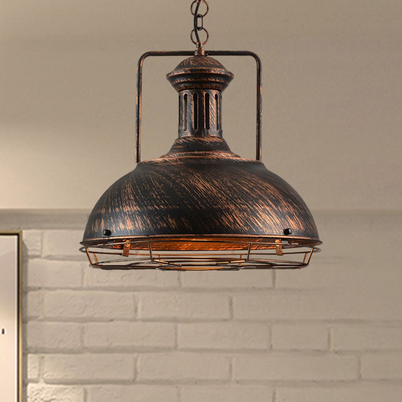 12"/14"/16" Dia 1 Light Pendant Light with Handle/Dome Shade Metallic Vintage Style Dining Room Hanging Lamp in Black/Rust