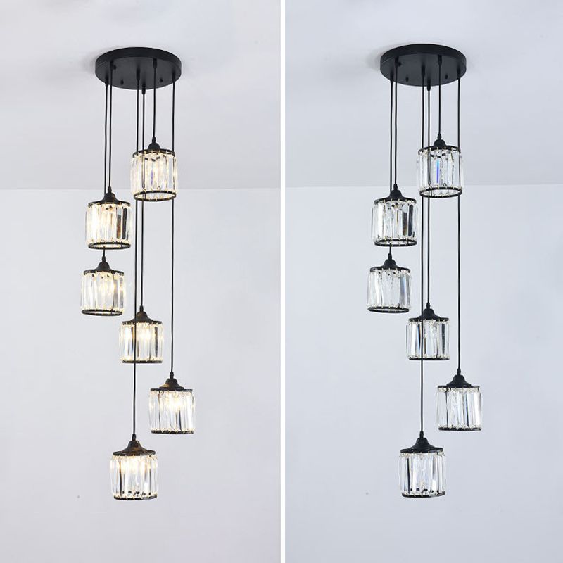 Crystal Black Pendant Light in Modern Luxury Style Iron Cylindroid Hanging Lamp for Interior Spaces