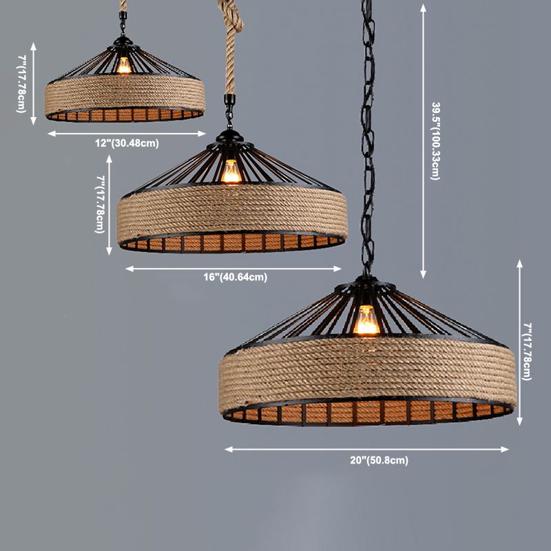 Rope Shade Suspension Light Industrial Metal Single Drop Light en noir pour restaurant