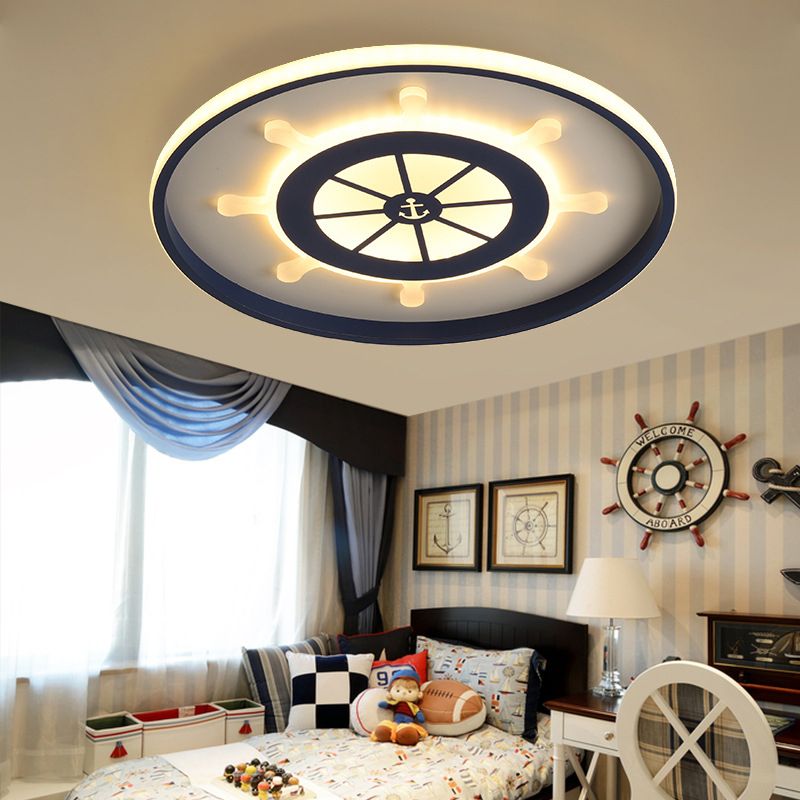 Blue Round Flush Light Fixture Kids 18 "/23.5" Wide LED Acrylique Ceiling Lamp with Rudder Design, Warm / White Light