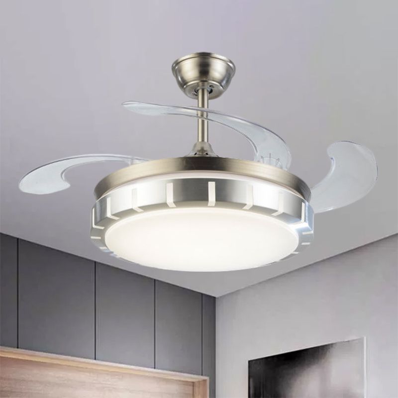 Drum Shape Hanging Fan Light Contemporary Metallic 42" Width LED Silver Semi Mount Lighting with 4 Clear Blades