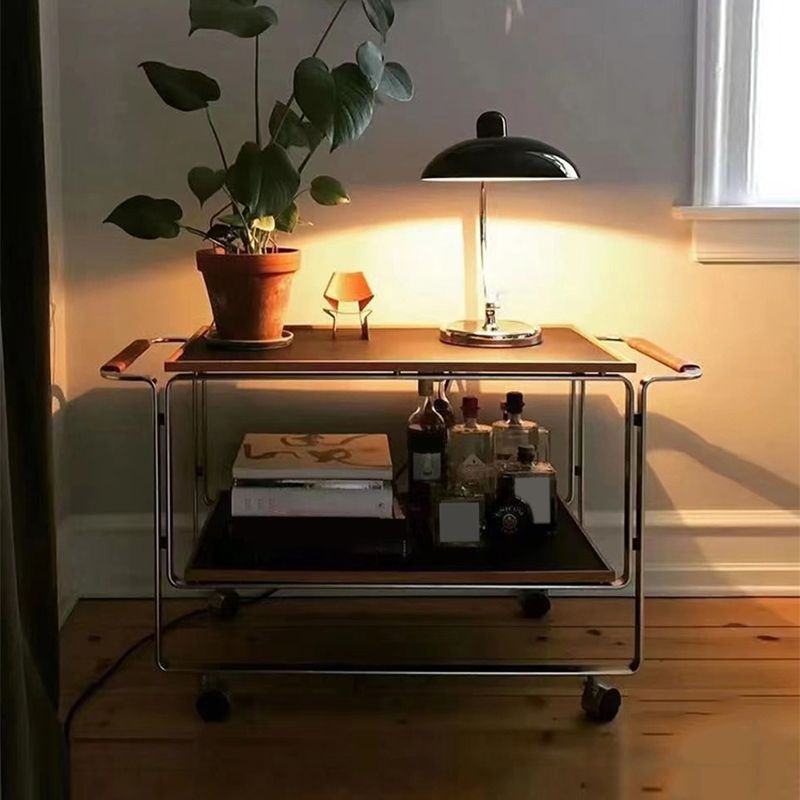 Modern Sofa Side Accent Table in Steel and Solid Wood with Shelf