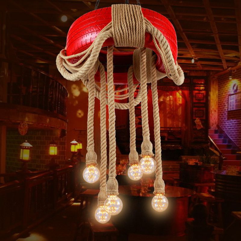 Red/Blue/Yellow Tire Hanging Lamp Kit Warehouse Rubber 6-Head Dining Room Chandelier Pendant with Dangling Hemp Rope