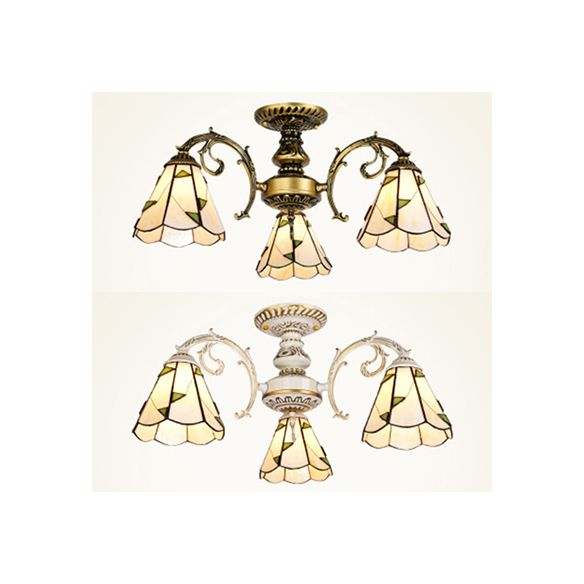 Traditional Leaf Semi Flushmount Beige Glass Shade 3 Light Semi Flush Lamp in White/Antique Brass for Dining Room