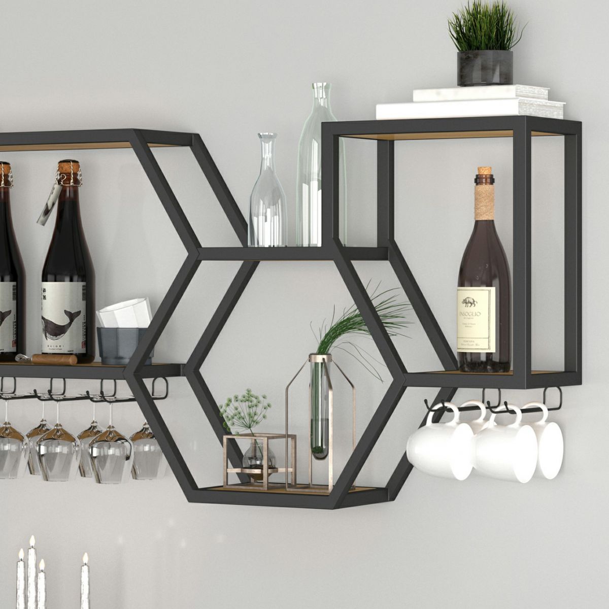 Wall Mounted Wine Rack Modern Metal Wine Bottle & Glass Rack for Dining Room