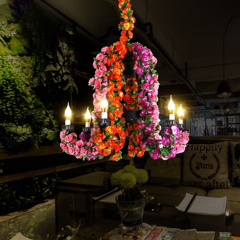 6 hoofden metaal hangende lichtkit industriële paarse gebogen arm restaurant kroonluchter verlichting met bloemendecoratie